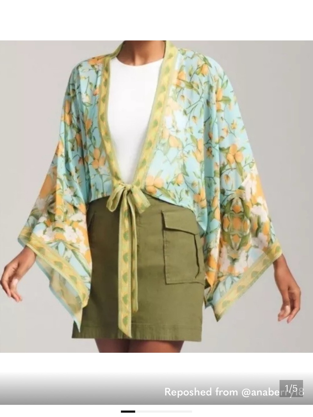 Anthropologie, Pilcro Sheer Floral Kimono Wrap in Mint and Yellow os nwot